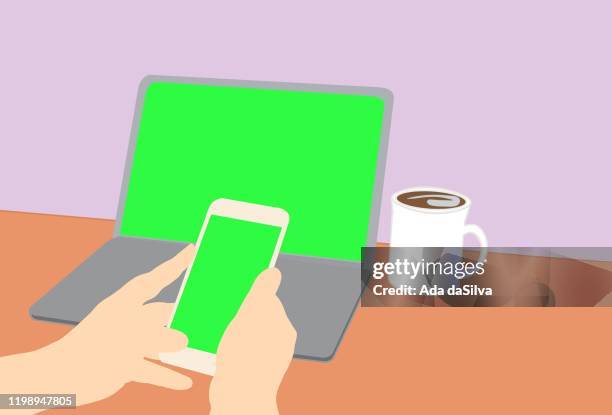 green screen with smartphone and latptop - students cafeteria stock illustrations