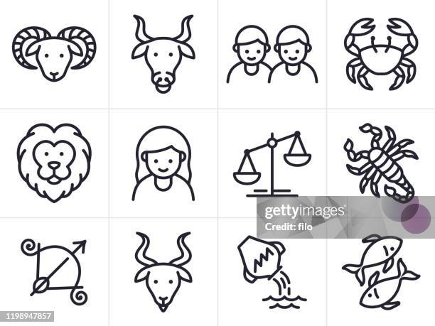 illustrazioni stock, clip art, cartoni animati e icone di tendenza di icone e simboli della linea astrologica - leonessa