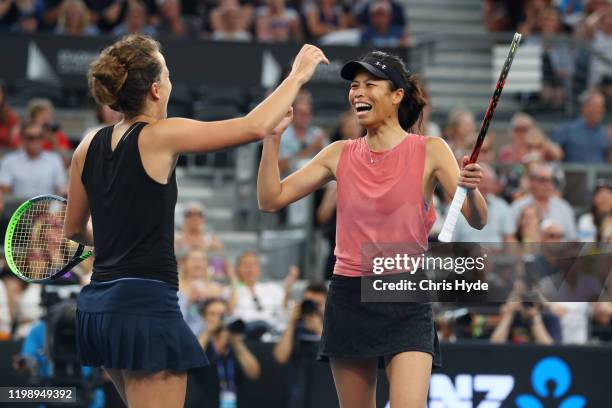 Hsieh Su-wei of Taiwan and Strycova Barbora of the Czech Republic celebrate winning the doubles final match against Ashleigh Barty of Australia and...