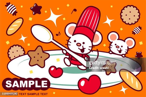 cute mouse chef on big empty plate holding a spoon surrounded by sweet candy and cookie - chocolate face stock illustrations