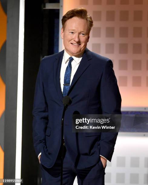 Conan O'Brien speaks onstage during AARP The Magazine's 19th Annual Movies For Grownups Awards at Beverly Wilshire, A Four Seasons Hotel on January...
