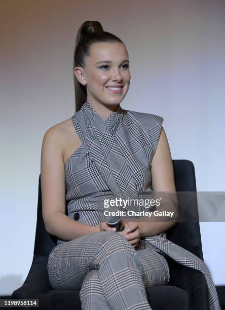 Millie Bobby Brown speaks onstage during Netflix's "Stranger Things" Q&A and Reception at Pacific Design Center on January 11, 2020 in West...