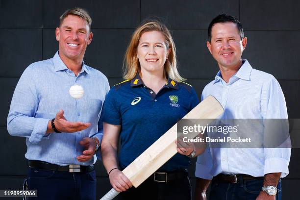 Shane Warne, Alex Blackwell and Ricky Ponting pose for a photograph during a Cricket Australia media opportunity at Melbourne Cricket Ground on...