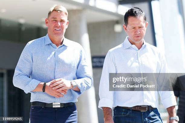 Shane Warne and Ricky Ponting arrive to speak to the media during a Cricket Australia media opportunity at Melbourne Cricket Ground on January 12,...