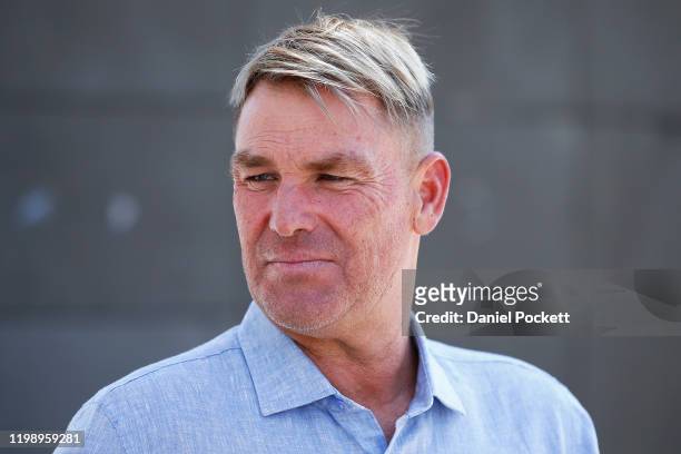 Shane Warne looks on during a Cricket Australia media opportunity at Melbourne Cricket Ground on January 12, 2020 in Melbourne, Australia.