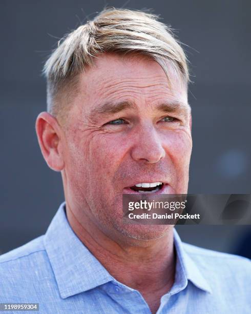 Shane Warne speaks to the media during a Cricket Australia media opportunity at Melbourne Cricket Ground on January 12, 2020 in Melbourne, Australia.