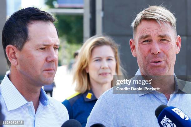 Shane Warne speaks to the media along side Ricky Ponting and Alex Blackwell during a Cricket Australia media opportunity at Melbourne Cricket Ground...