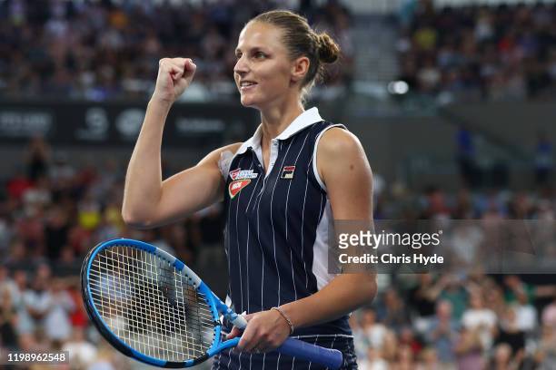 Karolina Pliskova of The Czech Republic celebrates winning the finals match against Madison Keys of the USA during day seven of the 2020 Brisbane...