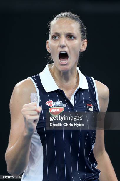 Karolina Pliskova of The Czech Republic celebrates a point in the finals match against Madison Keys of the USA during day seven of the 2020 Brisbane...