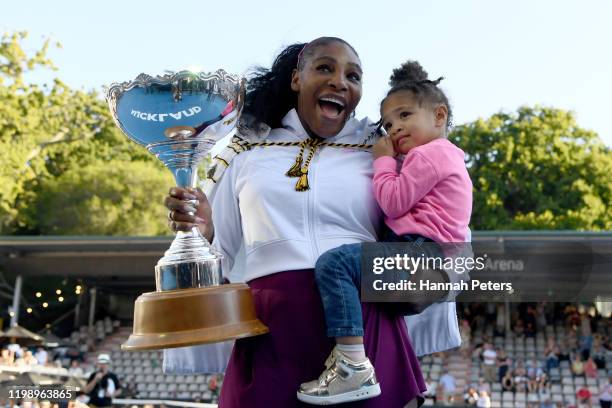 Serena Williams of the USA celebrates with daughter Alexis Olympia after winning the final match against Jessica Pegula of USA at ASB Tennis Centre...