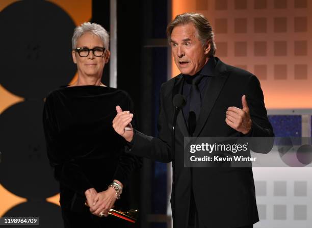 Jamie Lee Curtis and Don Johnson speak onstage during AARP The Magazine's 19th Annual Movies For Grownups Awards at Beverly Wilshire, A Four Seasons...