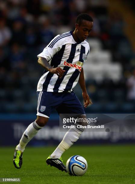 Cameron Gayle of West Bromwich Albion in action during the pre season friendly match between Rochdale and West Bromwich Albion at Spotland Stadium on...