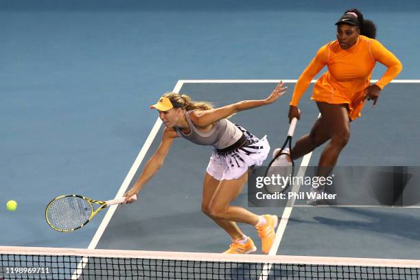 Serena Williams of the USA and Caroline Wozniacki of Denmark in action during their doubles final against Asia Muhammad and Taylor Townsend of the...
