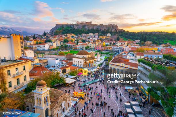 the acropolis and the old town of athens, greece - atene foto e immagini stock