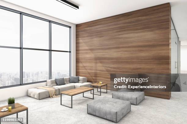 moderno open plan interni ufficio con hall - wood wall foto e immagini stock