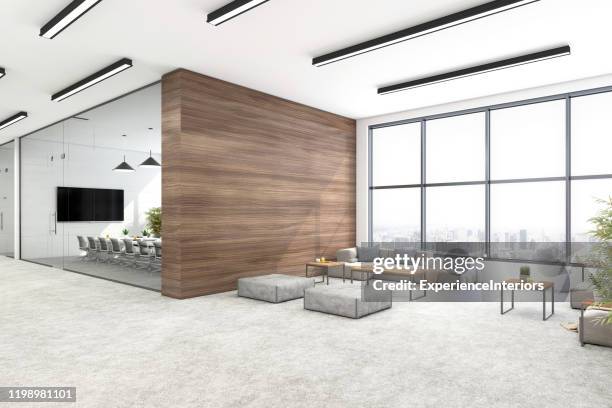 modern open plan office interior - wood ceiling stock pictures, royalty-free photos & images