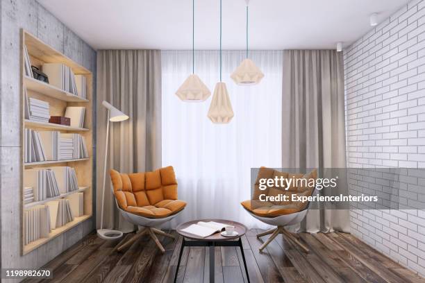 kleine woonkamer interieur - table brick wall wood stockfoto's en -beelden