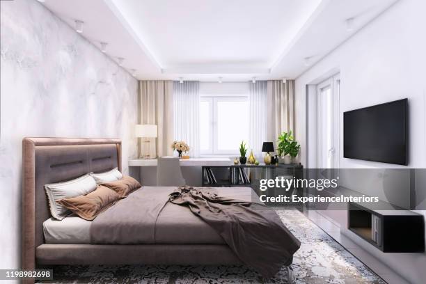 modern bedroom interior - bedroom ceiling stock pictures, royalty-free photos & images