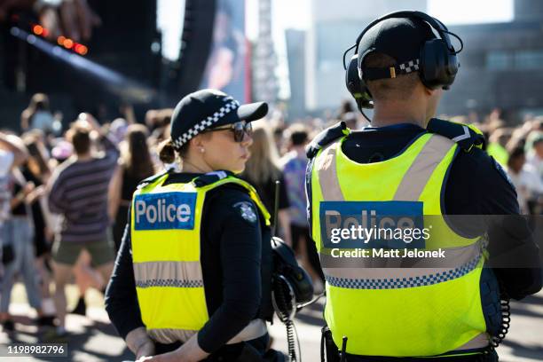 Police are seen on patrol at FOMO Festival 2020 on January 12, 2020 in Melbourne, Australia.