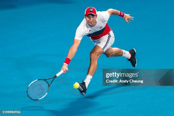 Dusan Lajovic of Serbia plays a forehand during his final singles match against Roberto Bautista Agut of Spain during day 10 of the ATP Cup at Ken...