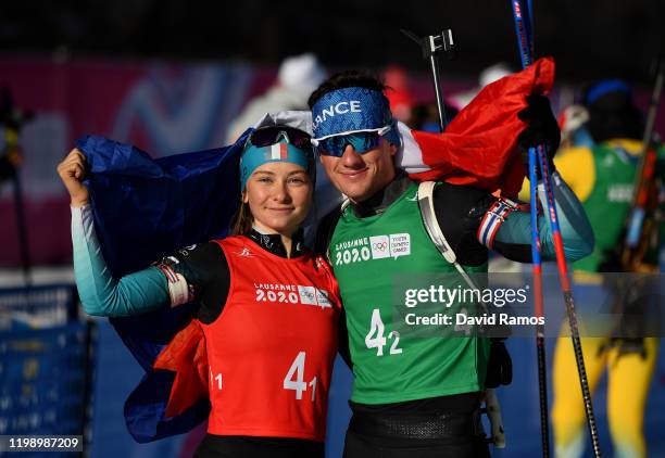 Jeanne Richard and Mathieu Garcia celebrate after winning the Single Mixed Relay in Biathlon during day 3 of the Lausanne 2020 Winter Youth Olympics...