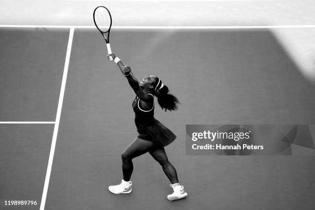 Serena Williams of USA celebrates after winning the final match against Jessica Pegula of USA at ASB Tennis Centre on January 12, 2020 in Auckland,...