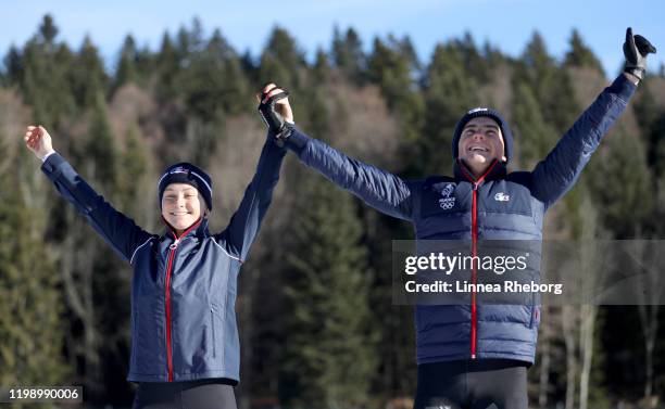 Gold medalist Jeanne Richard and Mathieu Garcia of France pose for a photo during the mascot ceremony following the Single Mixed Relay in Biathlon...