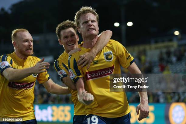 Matt Simon of the Central Coast Mariners celebrates a goal during the round 14 A-League match between the Central Coast Mariners and the Melbourne...