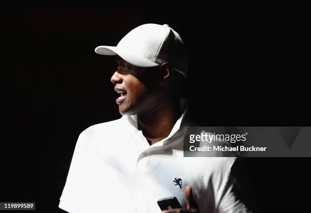 Singer Javier Colon rehearses on stage for "The Voice" Live Tour at the Gibson Amphitheatre on July 26, 2011 in Universal City, California.