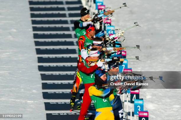 Athletes compete in Single Mixed Relay in Biathlon during day 3 of the Lausanne 2020 Winter Youth Olympics at Stade Nordique des Tuffes on January...