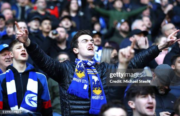 Cardiff fan sings during the Sky Bet Championship match between Cardiff City and Swansea City at Cardiff City Stadium on January 12, 2020 in Cardiff,...