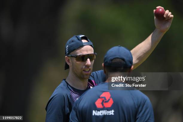 England bowler Jack Leach with spin coach Jeetan Patel during England nets at St George's Park on January 12, 2020 in Port Elizabeth, South Africa.