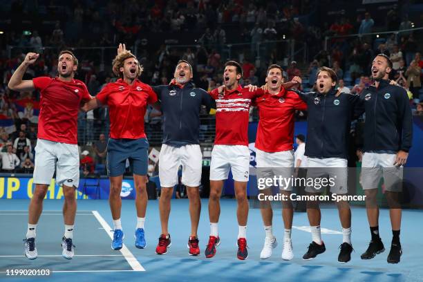 Team Serbia celebrate after winning the ATP Cup on day 10 of the ATP Cup at Ken Rosewall Arena on January 12, 2020 in Sydney, Australia.