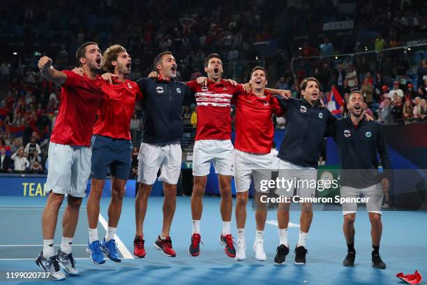 Team Serbia celebrate after winning the ATP Cup on day 10 of the ATP Cup at Ken Rosewall Arena on January 12, 2020 in Sydney, Australia.