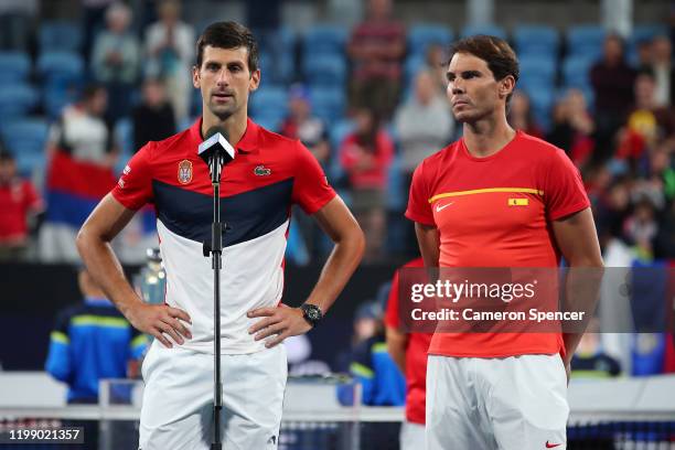 Novak Djokovic of Serbia and Rafael Nadal of Spain after the ATP Cup Final that Serbia won in 3 sets on day 10 of the ATP Cup at Ken Rosewall Arena...