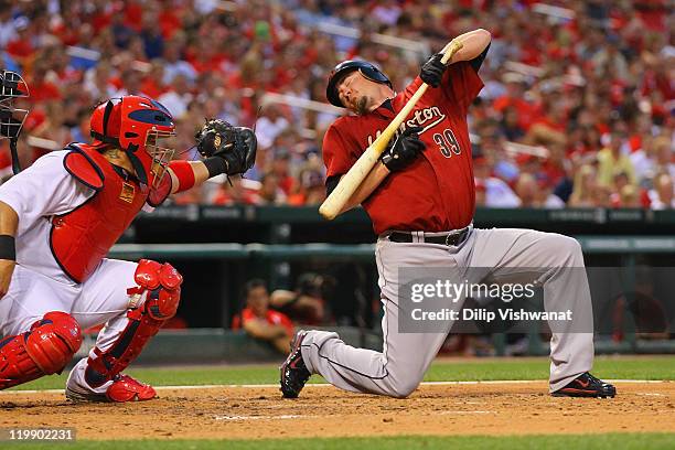 Brett Myers of the Houston Astros avoids an inside pitch against Yadier Molina of the St. Louis Cardinals at Busch Stadium on July 26, 2011 in St....