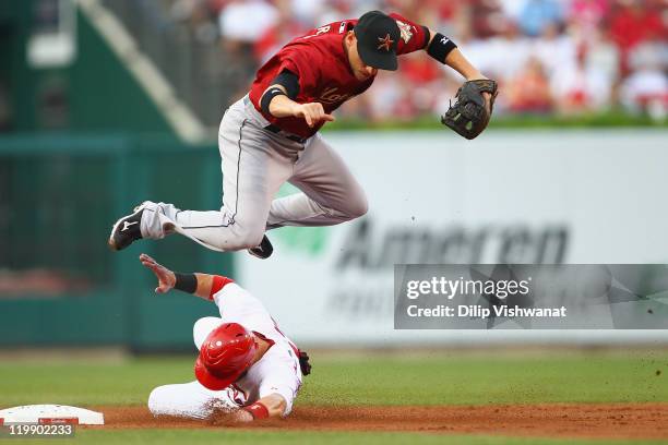 Skip Schumaker of the St. Louis Cardinals breaks up a double play against Clint Barmes of the Houston Astros at Busch Stadium on July 26, 2011 in St....