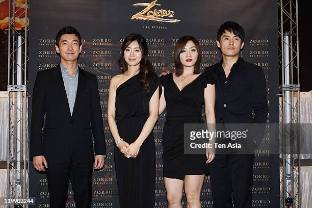 Jo Seung-Woo, Jo Jung-Eun, Lee Yoon-Mi, and Choi Jae-Woong attend the musical 'Zorro' press conference at Seoul Plaza on July 11, 2011 in Seoul,...