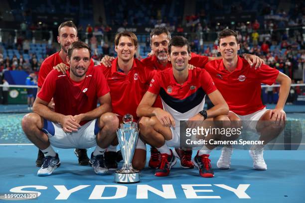 Team Serbia pose for a photo after winning the ATP Cup on day 10 of the ATP Cup at Ken Rosewall Arena on January 12, 2020 in Sydney, Australia.