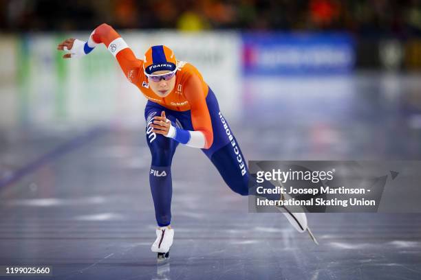 Jutta Leerdam of Netherlands competes in the Ladies 1000m during day 3 of the ISU European Speed Skating Championships at ice rink Thialf on January...