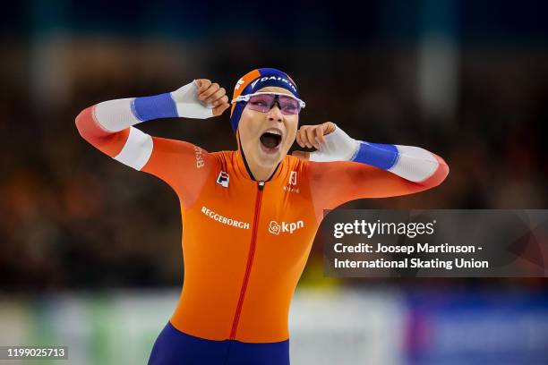 Jutta Leerdam of Netherlands reacts after winning the Ladies 1000m during day 3 of the ISU European Speed Skating Championships at ice rink Thialf on...