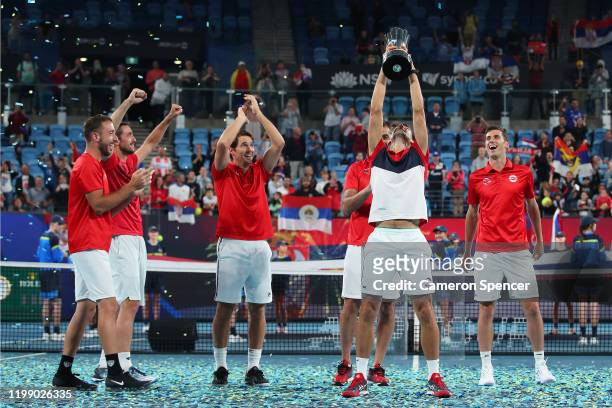 Team Serbia celebrate after defeating Spain to win the ATP Cup on day 10 of the ATP Cup at Ken Rosewall Arena on January 12, 2020 in Sydney,...