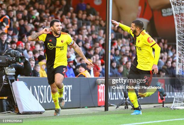 Troy Deeney of Watford celebrates after scoring his sides second goal during the Premier League match between AFC Bournemouth and Watford FC at...