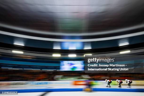 Team Poland compete in the Men's Team Pursuit during day 3 of the ISU European Speed Skating Championships at ice rink Thialf on January 12, 2020 in...