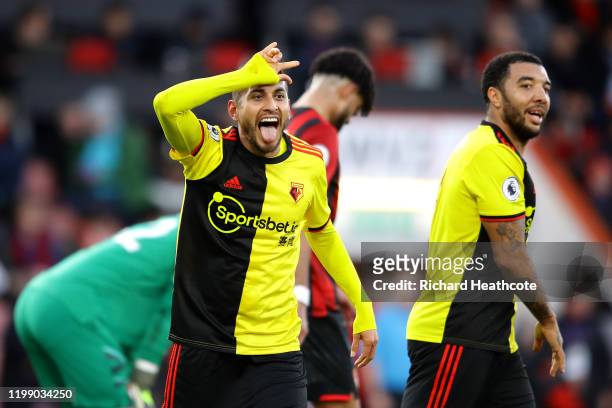 Roberto Pereyra of Watford celebrates after scoring his sides third goal during the Premier League match between AFC Bournemouth and Watford FC at...