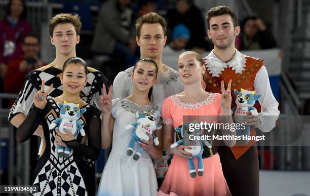 Silver medalist Diana Mukhametzianova and Ilya Mironov of Russia, gold medalist Apollinariia Panfilova and Dmitry Rylov of Russia and bronze medalist...