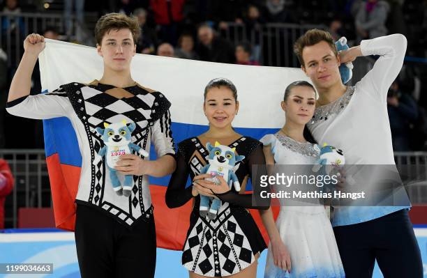 Silver medalist Diana Mukhametzianova and Ilya Mironov of Russia and gold medalist Apollinariia Panfilova and Dmitry Rylov of Russia pose for a photo...