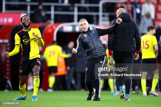 Nigel Pearson, Manager of Watford and Nathaniel Chalobah of Watford celebrate victory during the Premier League match between AFC Bournemouth and...