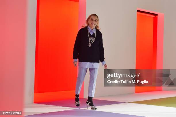 Fashion designer Miuccia Prada acknowledges the applause of the audience at the Prada fashion show on January 12, 2020 in Milan, Italy.