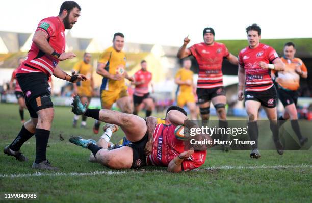 Jay Tyack of Cornish Pirates goes over for a try during the Greene King IPA Championship match between Cornish Pirates and Yorkshire Carnegie at...